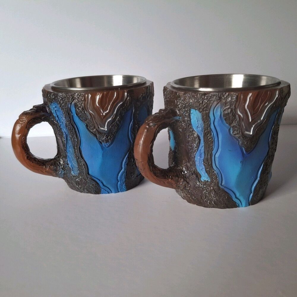 Mineral Crystal Stainless Mug Resin 6oz Blue Brown Handle Coffee Tea Gift Set
